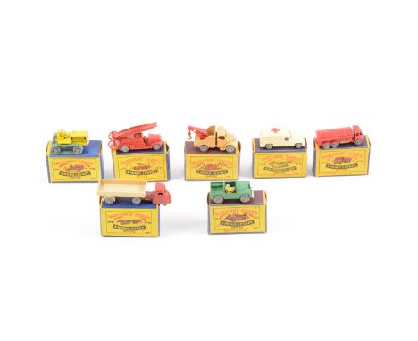 Matchbox Toys; no.8 to no.14, including Caterpillar tractor, fire engine, load loading truck, ERF petrol tanker, Jeep, tow tr