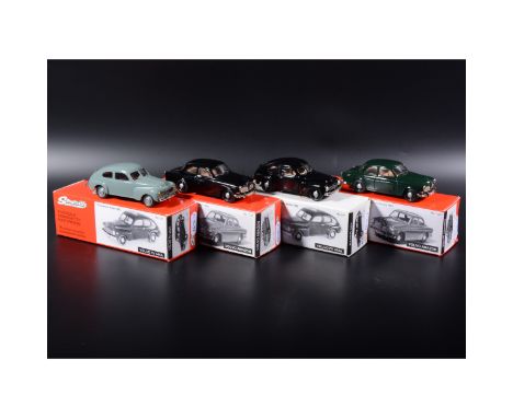 Somerville 1:43 scale white metal models; two no.121 Volvo PV 444A in green and black, two no.124 Volvo Amazon in green and b