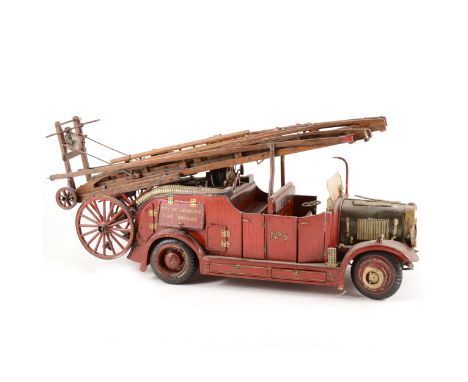 A scratch built model of a Dennis fire engine, no.5, approximately 1:6 scale, c1930s, painted wooden construction with detail