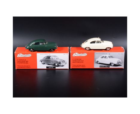 Somerville 1:43 scale white metal models; no.119 Saab 92 in green, no.119A Saab 92 'Rally' in cream, boxed (Qty: 2)