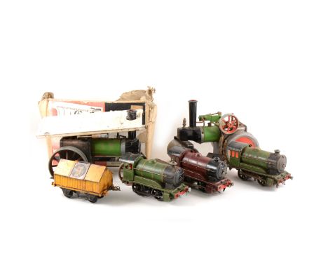 Mamod live steam traction engine, and steam roller (both a/f), and three Hornby O gauge clockwork locomotives, no tenders. (Q
