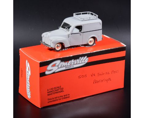 A Somerville white metal model prototype of a Vauxhall L Type Velox 1949, VX Swiss Post, 10cm in length, boxed. This is a pro