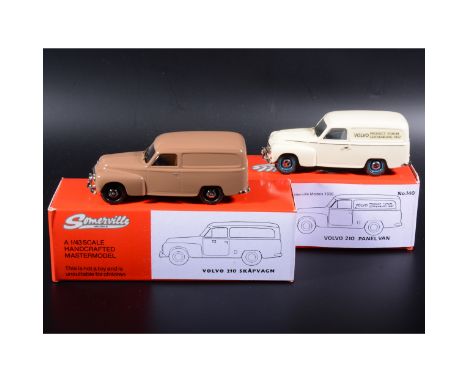 Somerville 1:43 scale white metal models; two no.140 Volvo Panel Van, in rare cream with blue wheels 'Product Forum Gothenbur