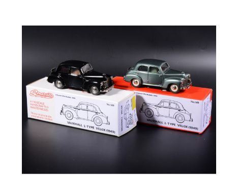 Somerville 1:43 scale white metal models; two no.149 Vauxhall Velox, in black with 'Police' decal, brown interior, and met gr