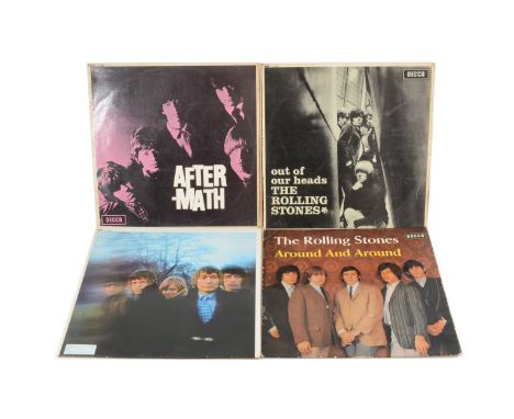 The Rolling Stones; four vinyl LP records including Around and Around, Our of Our Heads, After-math and Between the Buttons, 