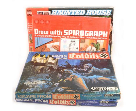 Vintage boardgames; including Parker Escape from Colditz (x2), Denny Fisher Haunted House and Spirograph. (Qty: 4)