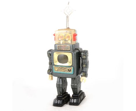 Alps Toys Japanese tin-plate battery operated robot UM-I, with key, 28cm tall.