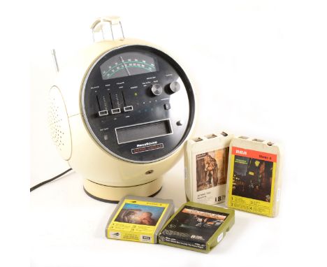 A retro PrinzSound stereo module 8 track player, c1970s globe shape with speaker mounted into the side, comes with four cartr