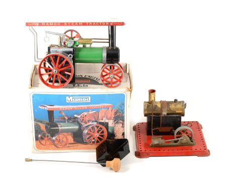 Mamod live steam engines; two including TE1a steam showman's engine with burner, steering, booklets and box, and a loose stat