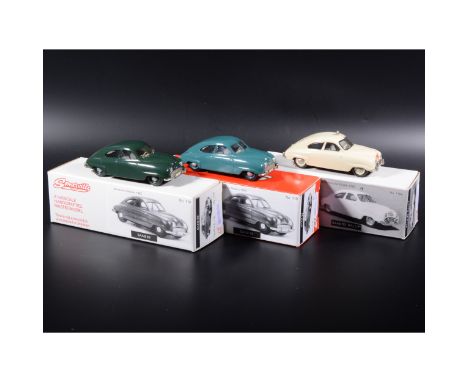 Somerville 1:43 scale white metal models; two no.199 Saab 92 in green and blue, and a no.119a Saab 92 Monte-Carlo 'Rally' car