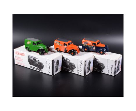 Somerville 1:43 scale white metal models; three Fordson 5CWT. Van with 'Fordson Tractors', 'Castrol' and 'India Tyres' transf