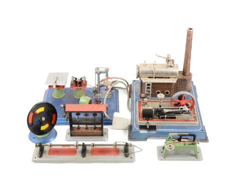 Wilesco D16 live steam stationary engine; with a selection of engine accessories, work station base, other pulleys and parts.