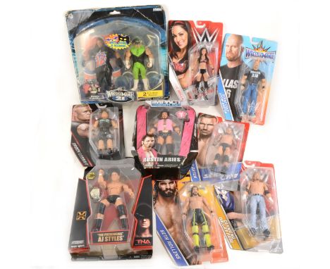 WWF action figures; eleven including Rosey and Hurricane by Jacks Pacific WWE network figures, Mattel figures etc, all in bli
