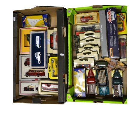 Modern die-cast model cars and vehicles; examples by Corgi, Lledo and others, two boxes.