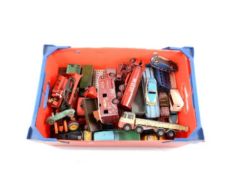 One box of loose playworn and repainted Dinky Toys and similar models, including Foden tanker, car transporter, Massey Harris