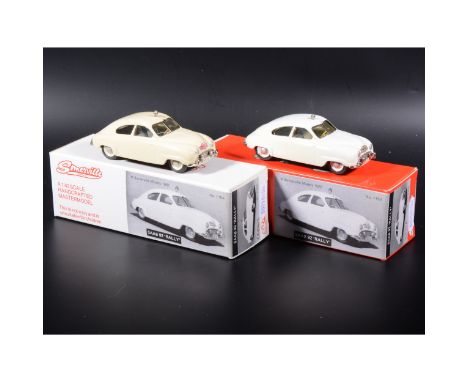 Somerville 1:43 scale white metal models; two no.119a Saab 92 Monte-Carlo 'Rally' car, in cream and white, boxed. (Qty: 2)