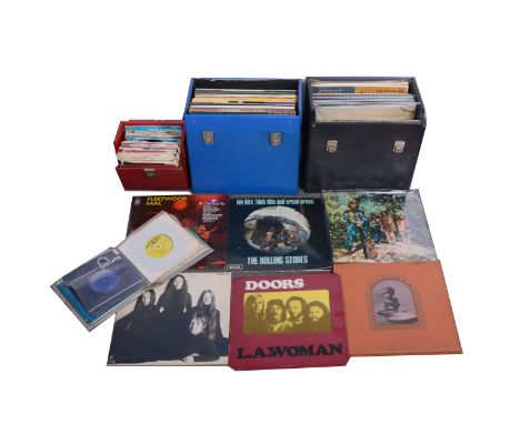 Vinyl music LP and 7" single records; a collection in three cases and folder, including The Doors, Creedence Clearwater Reviv