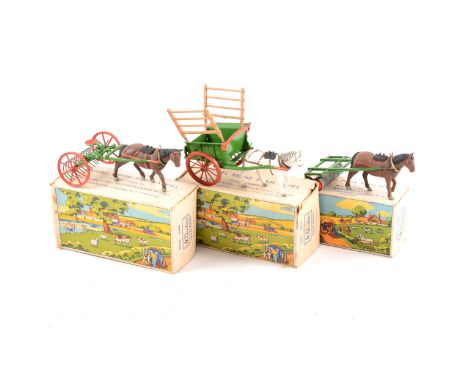 Britains Farming Toys; no.9506 farm rake, no.9504 farm roller, no.9505 Tumbrel cart, all boxed. (Qty: 3)