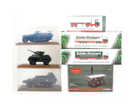 Die-cast model vehicles; including Atlas Eddie Stobart trucks, Matchbox showman's engine, military vehicles etc. (Qty: 7)