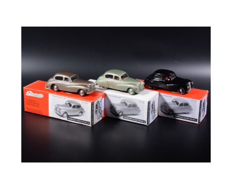 Somerville 1:43 scale white metal models; two no.120 Sunbeam Talbot 90 Mk 2 in met green and black, and a no.120a Sunbeam Tal