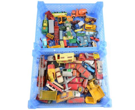 Die-cast model toys and vehicles; two tray of loose playworn examples, mostly Matchbox, Dinky, Corgi and others.