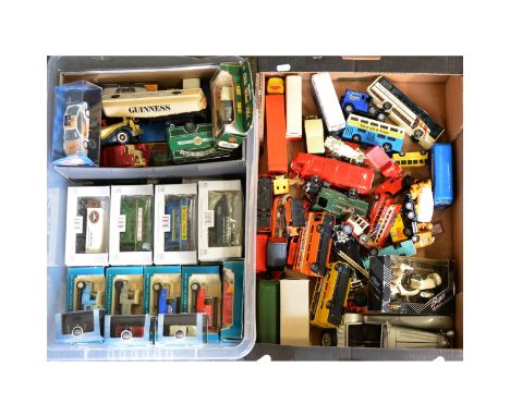 Two boxes and a shoebox of modern die-cast toys, including EFE buses, Corgi models, and others.