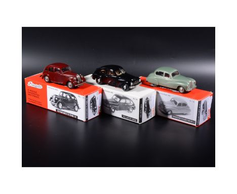 Somerville 1:43 scale white metal models; no.120 Sunbeam Talbot 90 Mk 2 in met green, no.121 Volvo PV 444A in black, no.106 S