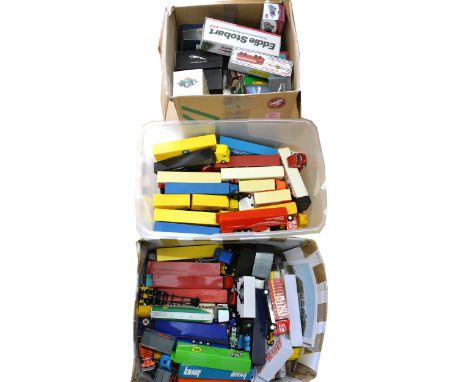 Modern die-cast model lorries and vehicles; mostly by Corgi, three boxes of models with different advertising, mostly loose b