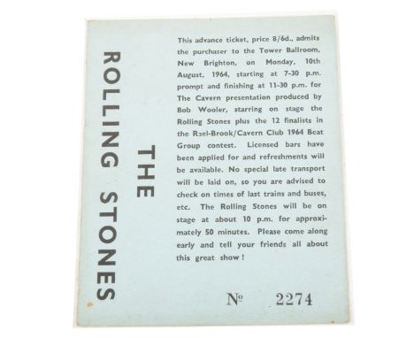 The Rolling Stones; an original gig ticket no.2274, Tower Ballroom, New Brighton, Monday 10th August 1964. (Qty: 1)