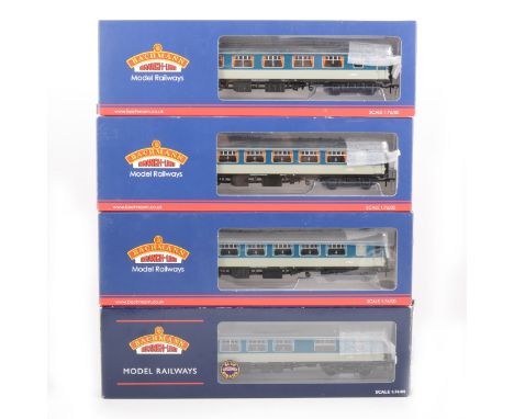 Bachmann OO gauge model railways passenger coaches; four Pullman cars including, 39-301 Mk1 SK kitchen second blue/grey (with