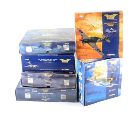 Corgi Aviation Collection die-cast model aircraft; six including AA32201 P51D Mustang 'Old Crow', 49103 Hawker Hurricane MKI,