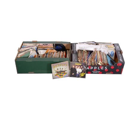 Vinyl 7" single records; a large quantity in two boxes, including The Beatles Magic Mystery Tour, Queen and many others.