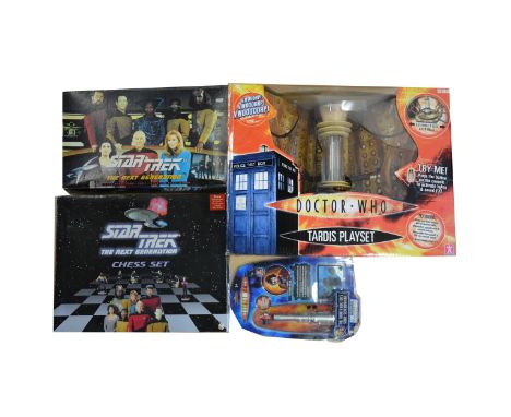 Dr Who Tardis playset by the BBC, Star-trek The Next Generation chess set, and boardgame, and three Battlestar collectible bu