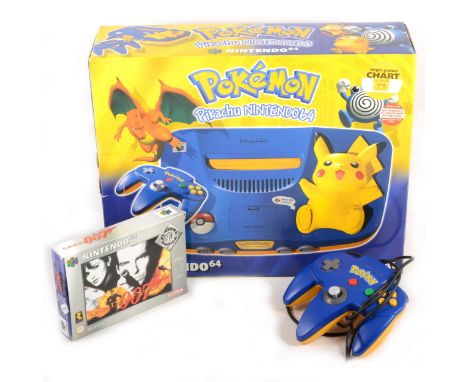 Pokemon edition Nintendo 64 games 'N64' console, boxed, with extra controller, and 007 James Bond Goldeneye game, boxed, alon