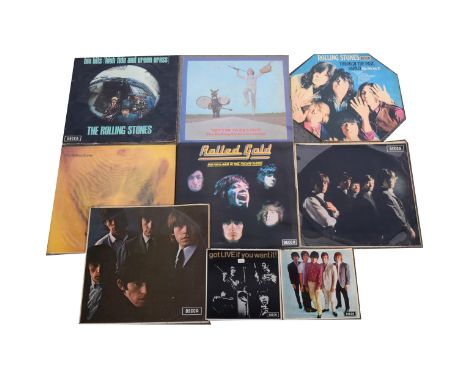 The Rolling Stones; seven LP and two 7" single vinyl records, including their self titles first album, dark red Decca label, 