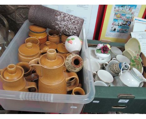 Langley Coffee Pots, cups, lidded pots, large German vase, Royal Doulton 'Berkshire' part tea service, etc:- Two Boxes.