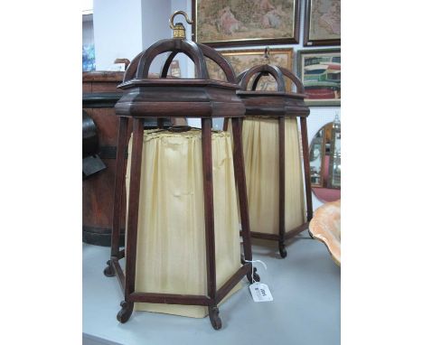 Pair of Mahogany Hexagonal Framed Hanging Light Shades (one damages), with gold fabric lining and brass hook, 42cm tall. (2)o