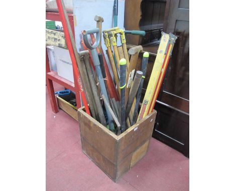 Spades, forks, rakes, and other garden tools, etc