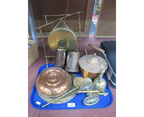 Brass Table Gong and Beater, copper kettle, other metalware, wooden military tankards:- One Tray