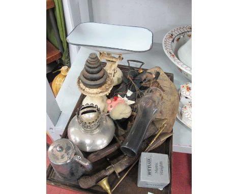Scales and Weights. Pelham puppet, oil lamp, mini zulu shield, Indian sheathed cutlery, etc:- One Tray.