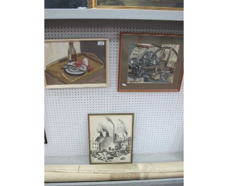 I,M Spooner (Sheffield Artist) Tilt Forge, Abbeydale Industrial Hamlet, watercolour signed and dated 1985, 25 x 30cm. Monochr