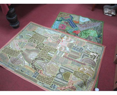 Indian Patch Work Wall Haning, with foliage and lozenge decoration, 107cm x 155cm. together with an Indian Patch Work Wall Ha