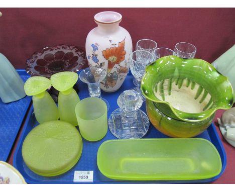 Uranium Type Frosted Glass Dressing Table Set, ruby glass bon bon dish with engraved 'Forest' detail, Bretby jardiniere, etc.