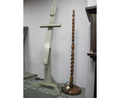 Grey Painted Artists Easel, barley twist oak standard lamp on a circular base. (2).
