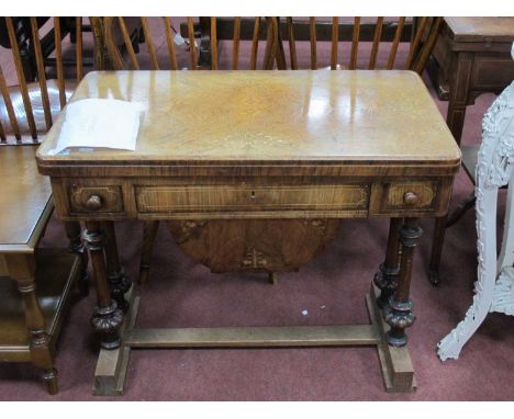 XIX Century Walnut Sewing/Card Table, with baize interior to swivel top, two small drawers flanking deep needlework compartme