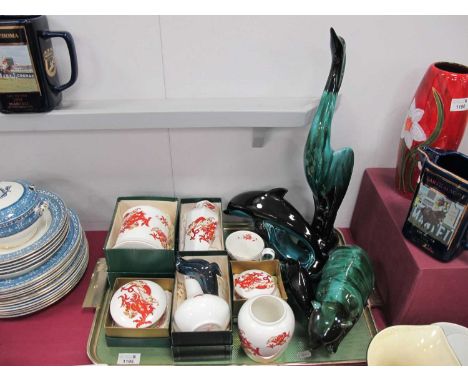 Two Poole Dolphins, Blue Mountain Style Pottery Bear and Heron and a collection of Crown Staffordshire 'Rangoon' trinket pots