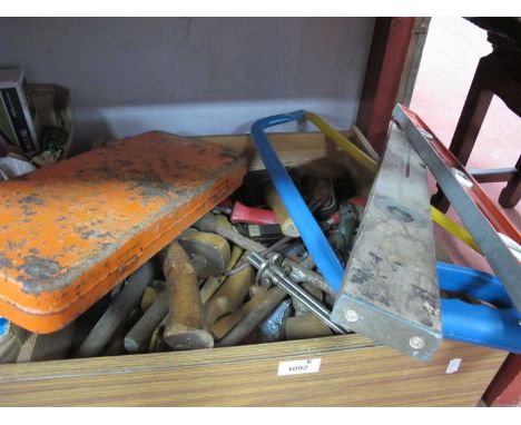 Tools - Hickory handled lump hammer, Stanley knife, marking gauges, Draper socket set, levels, bow saw, etc