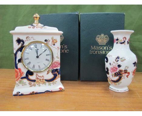 Mason's 'Mandalay' Mantle Clock, 19cm high and Vase (both boxed).