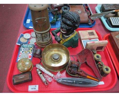 Cast Iron Money Box 'Dinah', brass miners lamp, coins, XIX Century pipe, etc:- One Tray.These items are listed on the basis t
