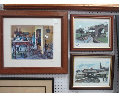 Nigel Hemming, large signed print of a dog, with three other signed limited edition street scenes, and a signed photograph (5